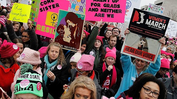 Protestors march during the Women's March On Washington on January 21, 2017 in Washington, DC. 