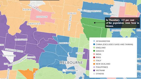The suburbs with the highest proportion of people born in Greece or Italy. 