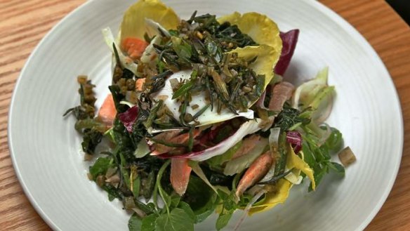 Dish of the day: Smoked trout, fresh leaves and poached egg with samphire salsa.