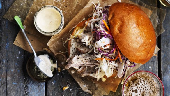 Pulled pork and coleslaw burgers with chipotle mayonnaise.