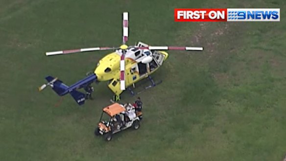 The RACQ Careflight chopper at Australia Zoo, where a tiger bit a trainer on the neck.