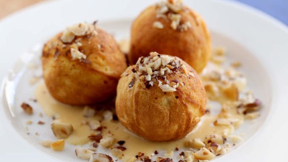 Pancakes plus profiteroles: Profiterjes filled with chocolate-hazelnut sauce.