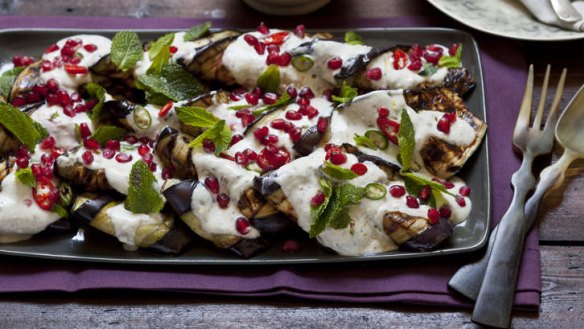 Purple heart: Grilled eggplant with tahini and yoghurt dressing, pomegranate, chilli and mint.