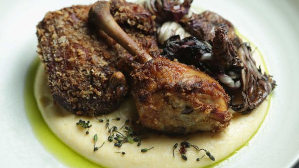 Crisp-skinned masterstock chicken, polenta and grilled radicchio.