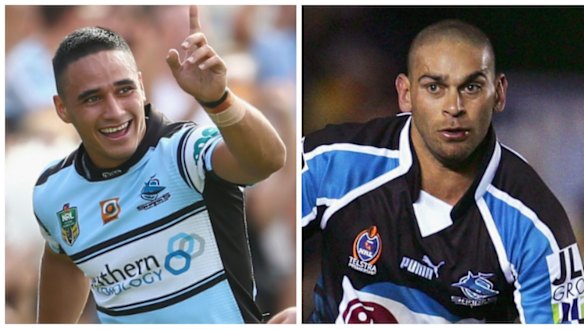 On target: Valentine Holmes, left, could top David Peachey's season record at Cronulla.