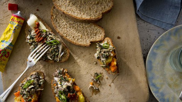 Wholemeal and rye no-knead sourdough loaf with Karen Martini's smashed sardines.