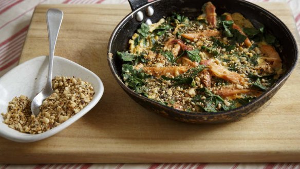 Flash in the pan: Smoked trout and spinach omelette with dukkah.