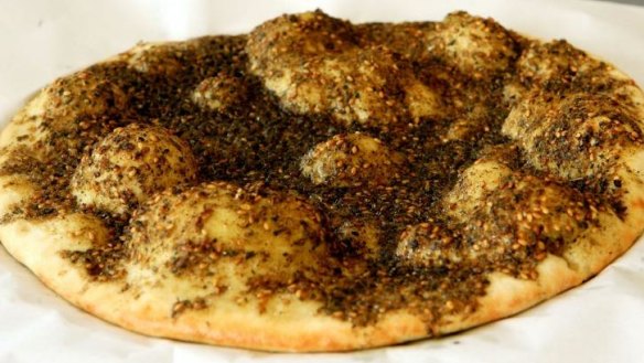 Lebanese pizza with za'atar  herb mix from Manoosh Lebanese Pizzeria in Enmore. 