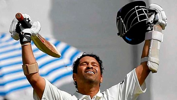 Sachin Tendulkar celebrates reaching his double century.