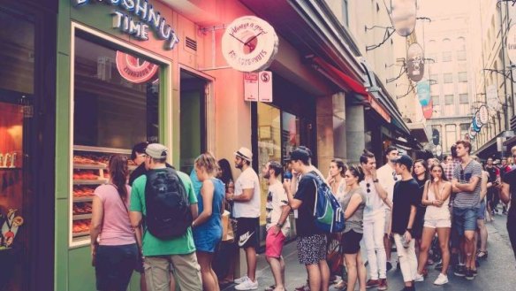 Queues outside the Doughnut Time hole-in-the-wall on Degraves Street.