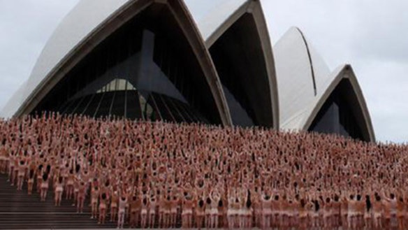 Getting their kit off in the name of art ... participants pose at the Opera House this morning.