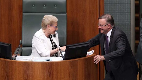 Speaker Bronwyn Bishop speaks with Labor MP Anthony Albanese after a division. Photo: Alex Ellinghausen