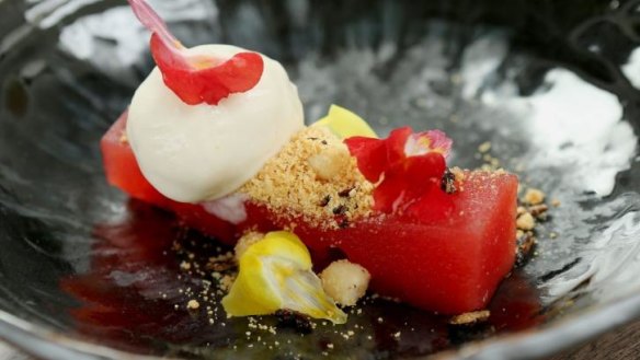 Compressed watermelon with oolong tea, raw coconut ice-cream and lotus seeds at St Cloud.