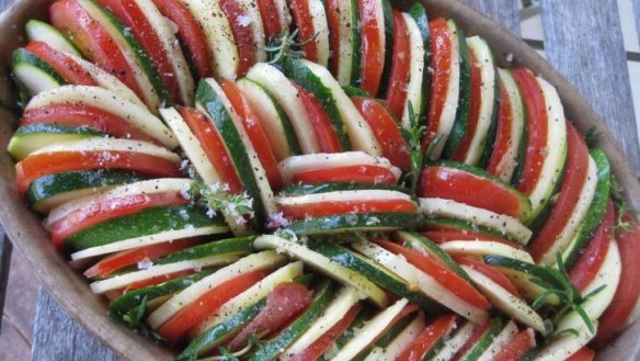 Colourful: A vegetable tian in summery Christmas colours.