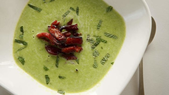 Maple roast ham hock and pea soup.