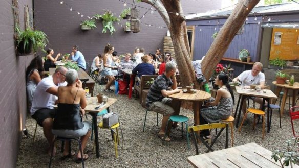 The dappled courtyard at Egg of the Universe.