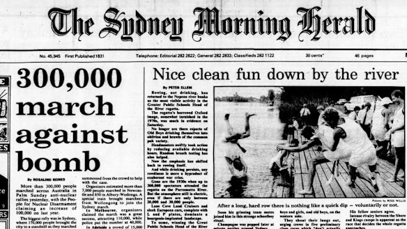 On April 1, 1985, the Sydney Morning Herald reported Kim Beazley's claim the day before that the government knew everything that happened at the US Pine Gap spy base near Alice Springs. It also carried a report on a huge 'ban the bomb' march.