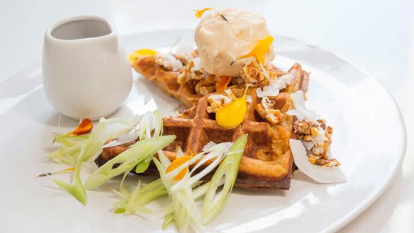 Sweet potato waffle with maple miso sauce and parmesan ice-cream.