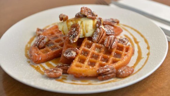 Butterscotch waffles with vanilla mascarpone and toasted pecans.