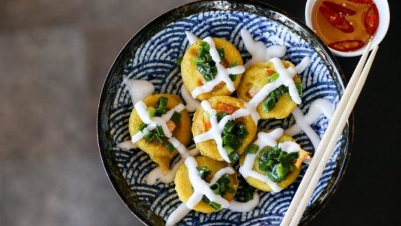 Banh Khot (crispy savoury coconut and tumeric flavoured mini pancakes with prawn).