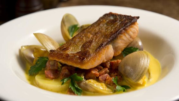 Beautifully balanced ...  Sea trout with clams, Merguez sausage, champagne cream and saffron.