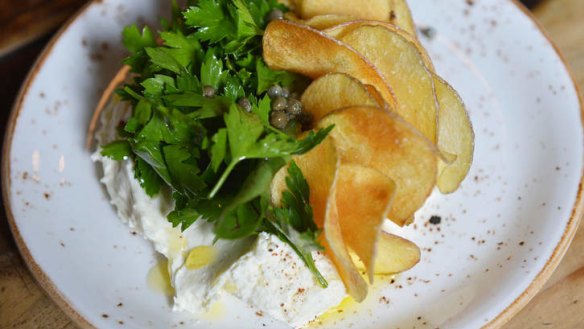 Whipped goat's curd, parsley salad and potato chips.
