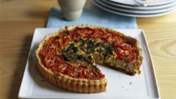 Green onion, parmesan and sun-dried tomato tart