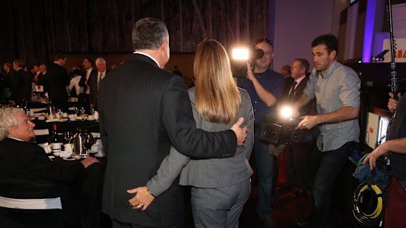 Treasuer Joe Hockey with his wife Melissa Babbage after his post budget speech in Canberra on Wednesday.