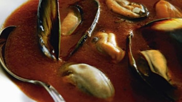Chilled tomato, basil and mussel soup