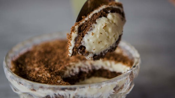 Tiramisu with a twist: The layered dessert is spiked with Strega liqueur.