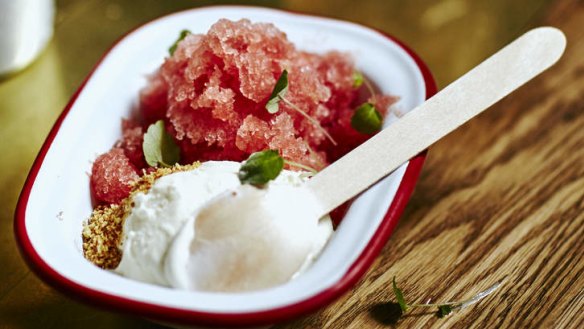 Gin & Juice: Watermelon and mint granita, gin and lime ice-cream, ginger biscuit.