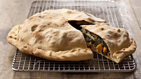 Sweet potato and Swiss chard pie with olive oil pastry.