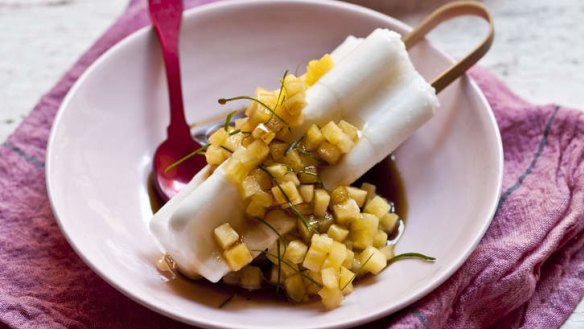 Coconut and lime icy pole with spiced syrup and pineapple.