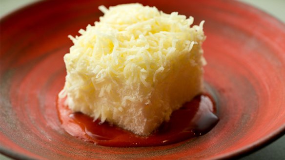 Noma's spin on the lamington: aerated rum cake with grated milk and tamarind sauce.