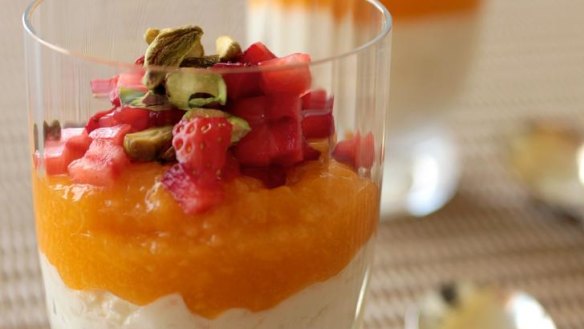 Mangoes and strawberries with coconut rice and toasted pistachios.
