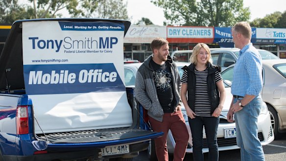 The Speaker, Tony Smith, meets constituents at his "mobile office" - an old V8 Holden twin-cab ute. Picture supplied. Supplied
