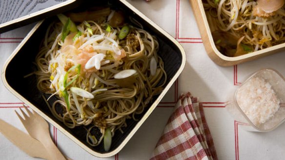 Cold soba noodles with beansprouts, soy and ginger.