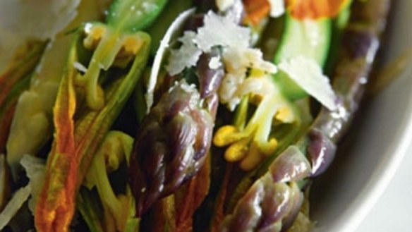 Asparagus and zucchini flowers with parmesan and red wine vinegar
