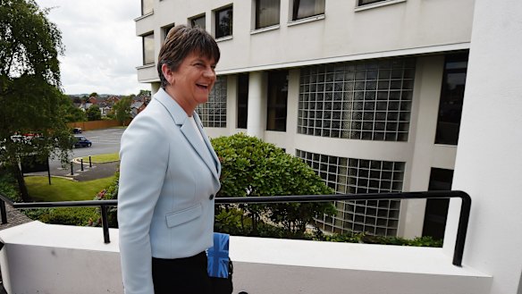 DUP leader Arlene Foster arrives for a press conference on June 9, 2017 in Belfast, Northern Ireland.