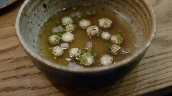 Peter Gunn's lardo, charred fennel, baby corn and lard soup, from an IDES dinner.