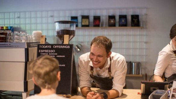 Campos Coffee's head barista Aaron Zaboj at the new flagship store in Dulwich Hill.