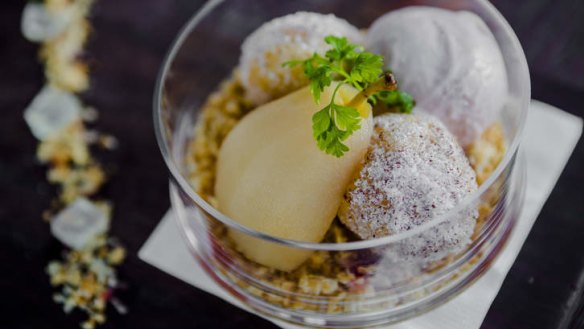 Poached corella pears, rhubarb ice-cream, sumac sugar, strawberry puree and moscato gelee.