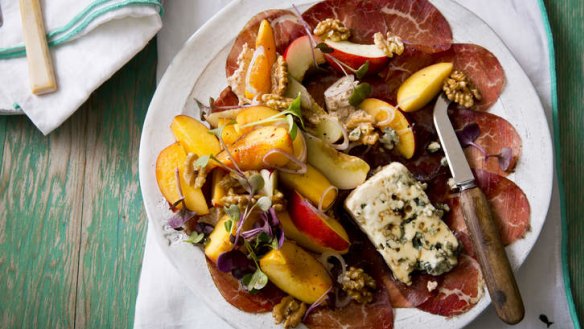 Entree or main: Bresaola with walnut paste, nectarine, radish cress and roquefort.