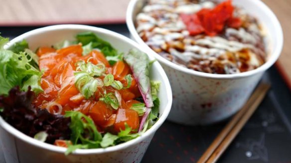 Salmon bowl (front) and pork katsu.