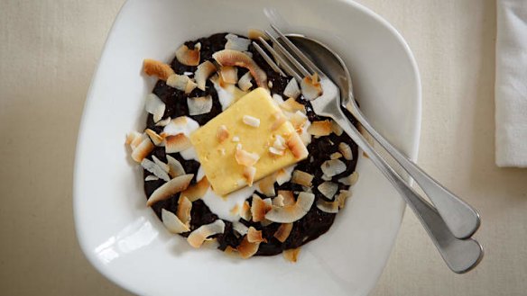 Black rice pudding with mango semifreddo.