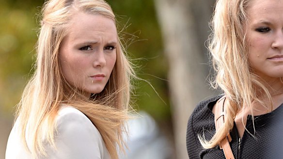 Chris Lane's girlfriend Sarah Harper arrives at his funeral in Essendon on Wednesday.