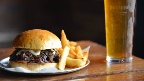 A burger and beer at Pumpyard Bar and Brewery.