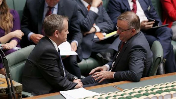 Opposition Leader Bill Shorten and Anthony Albanese during question time. Photo: Andrew Meares