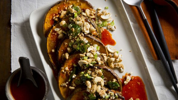 Roasted pumpkin with gochujang dressing, cashews and sesame.