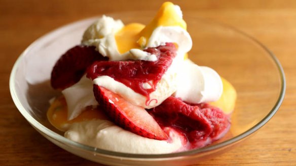 Strawberry fool with champagne-poached rhubarb.